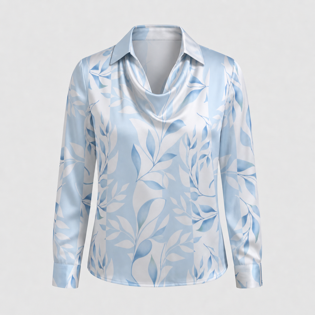 Women's Satin Pleated Draped Blouse with a Cowl Neck - Light Blue Floral
