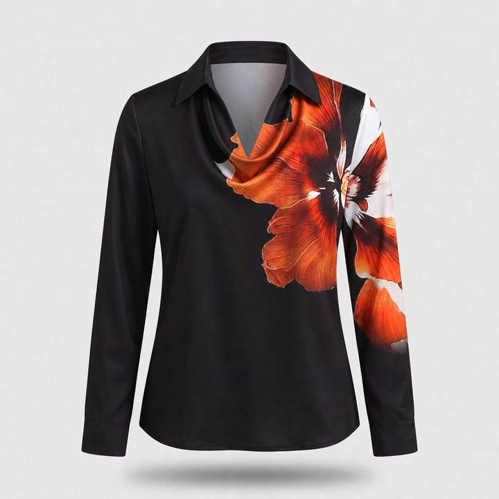 Women's Satin Pleated Draped Blouse with a Cowl Neck - Black / Red