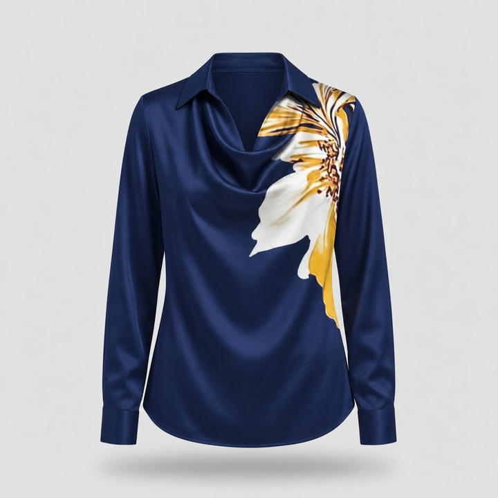 Women's Satin Pleated Draped Blouse with a Cowl Neck - Dark Blue