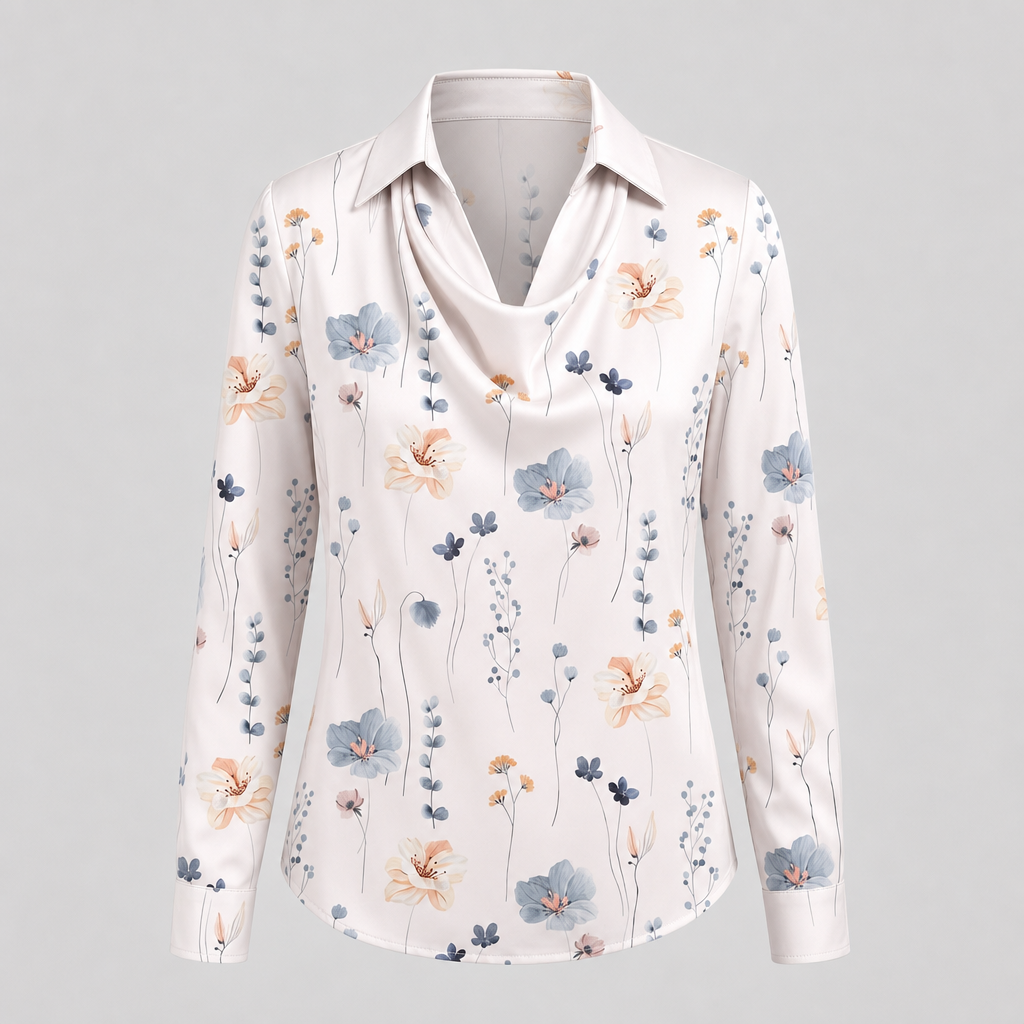Women's Satin Pleated Draped Blouse with a Cowl Neck - White Floral