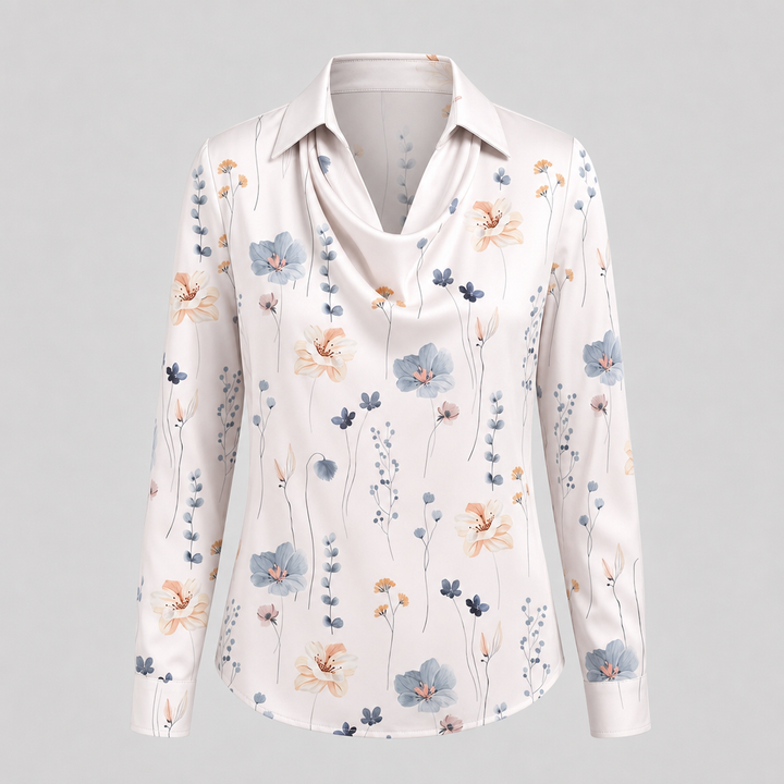 Women's Satin Pleated Draped Blouse with a Cowl Neck - White Floral