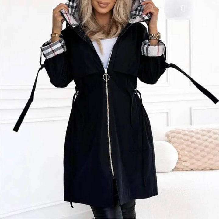Women's hooded drawstring trench coat in Black, front view