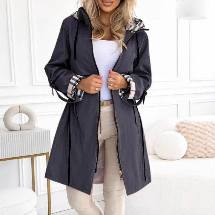 Women's hooded drawstring trench coat in Grey, front view