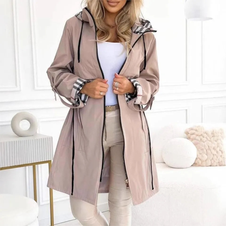Women's hooded drawstring trench coat in Khaki, front view