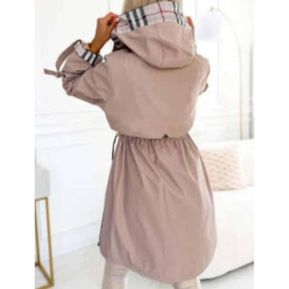 Women's hooded drawstring trench coat in Khaki, back view