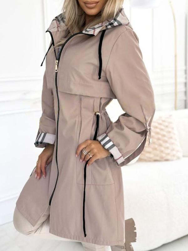 Women's hooded drawstring trench coat in Khaki, side view