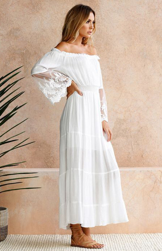 Adelaide - Off-Shoulder Maxi Dress with Lace Sleeves and Tiered Skirt