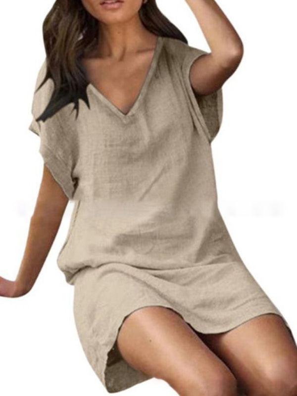 Nellie - V-Neck Dress with Short Sleeves and Loose Fit (Plus Size Available)