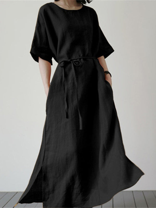 Nell - Loose Dress with Belt and Side Slit (Plus Size Available)