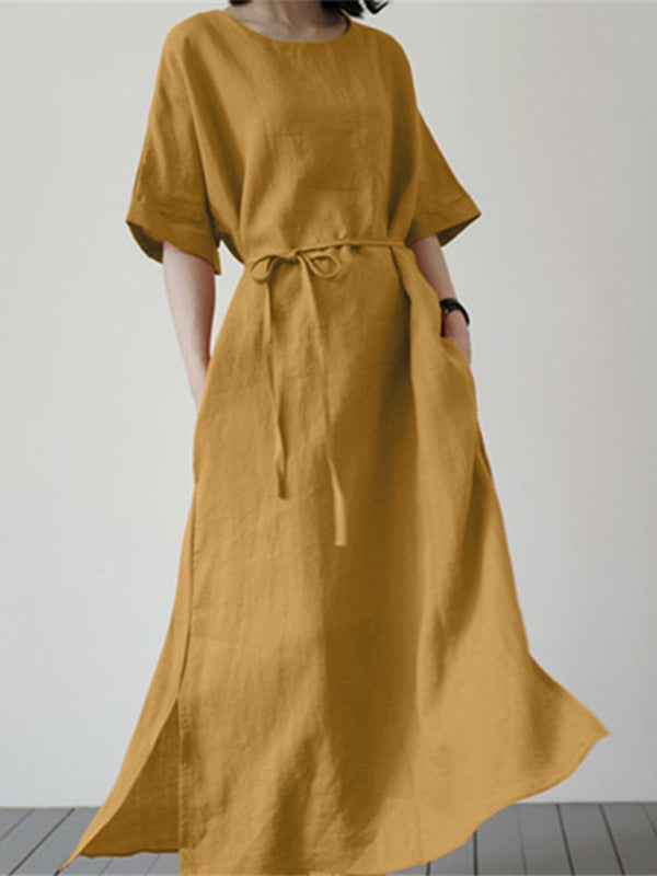 Nell - Loose Dress with Belt and Side Slit (Plus Size Available)