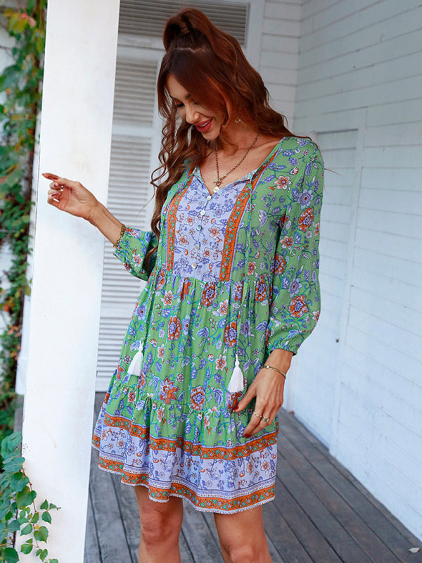 Maya - Bohemian Floral Print Dress with V-Neck and Tiered Skirt