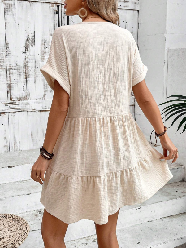 Nadia - V-neck Mini Dress with Pleated Design and Textured Fabric