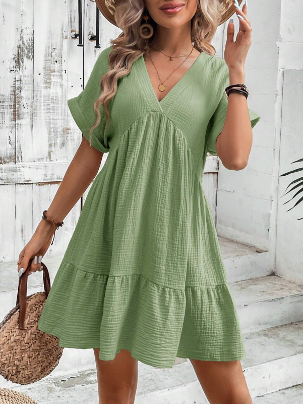 Nadia - V-neck Mini Dress with Pleated Design and Textured Fabric