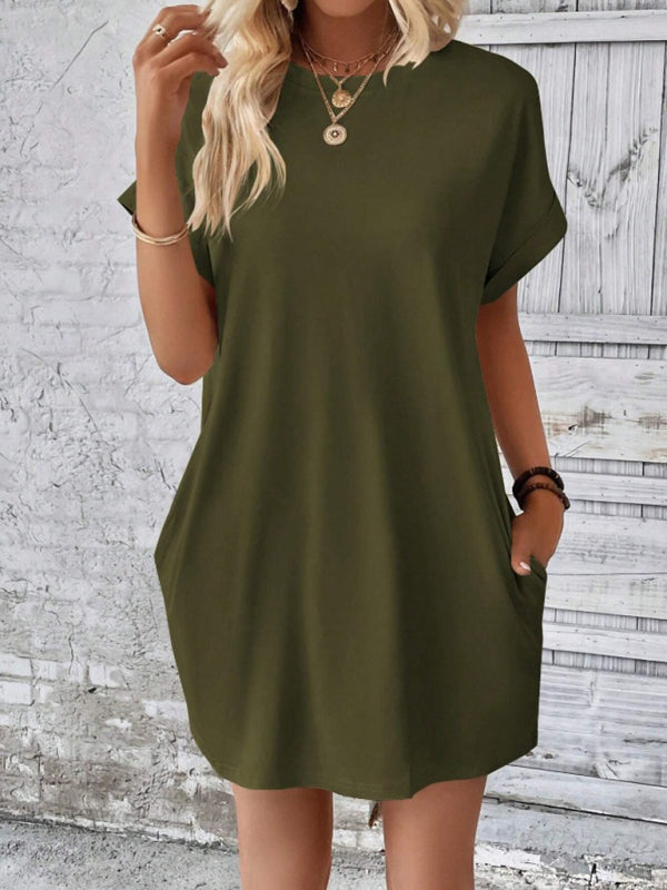 Aspen - Loose Fit Pocket Dress with Round Neck and Short Sleeves