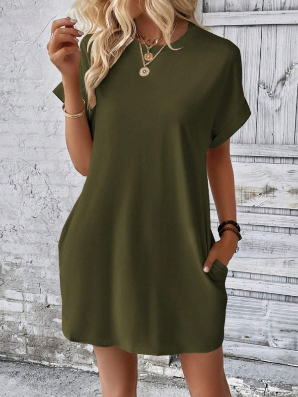 Aspen - Loose Fit Pocket Dress with Round Neck and Short Sleeves