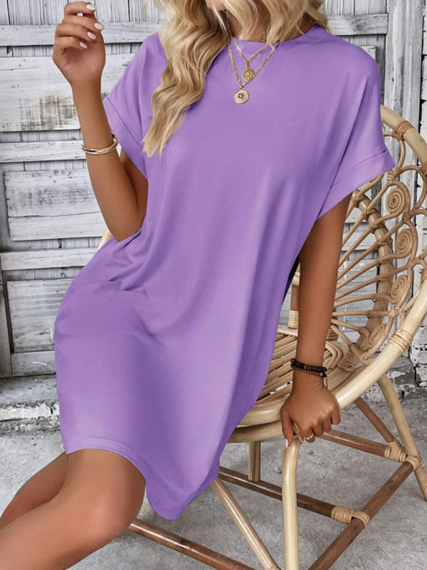 Aspen - Loose Fit Pocket Dress with Round Neck and Short Sleeves