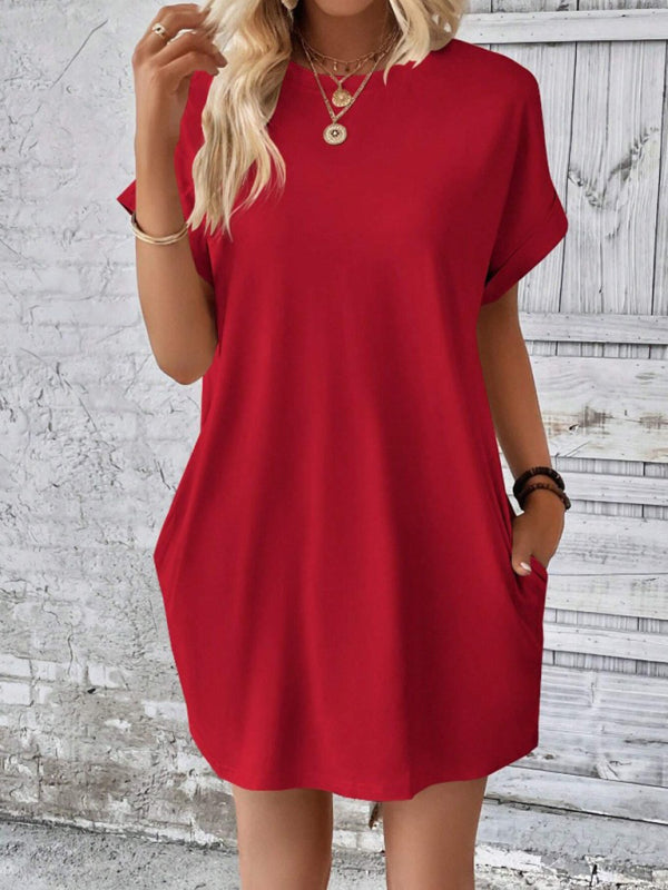Aspen - Loose Fit Pocket Dress with Round Neck and Short Sleeves