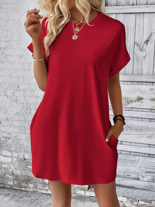 Aspen - Loose Fit Pocket Dress with Round Neck and Short Sleeves