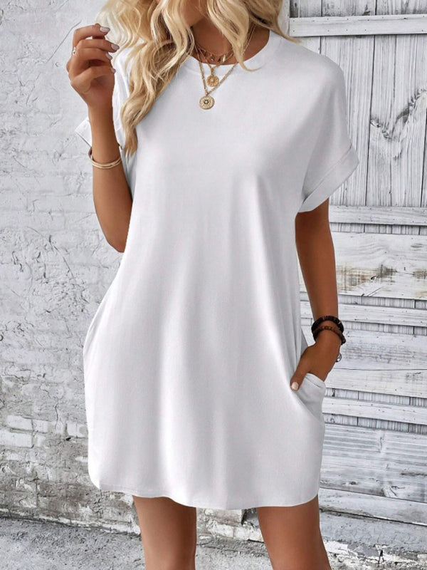 Aspen - Loose Fit Pocket Dress with Round Neck and Short Sleeves
