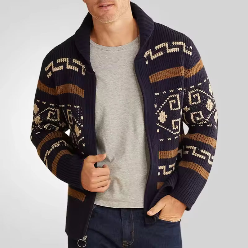 Logan | Men’s Zip-Up Wool Cardigan with Patterned Sleeves