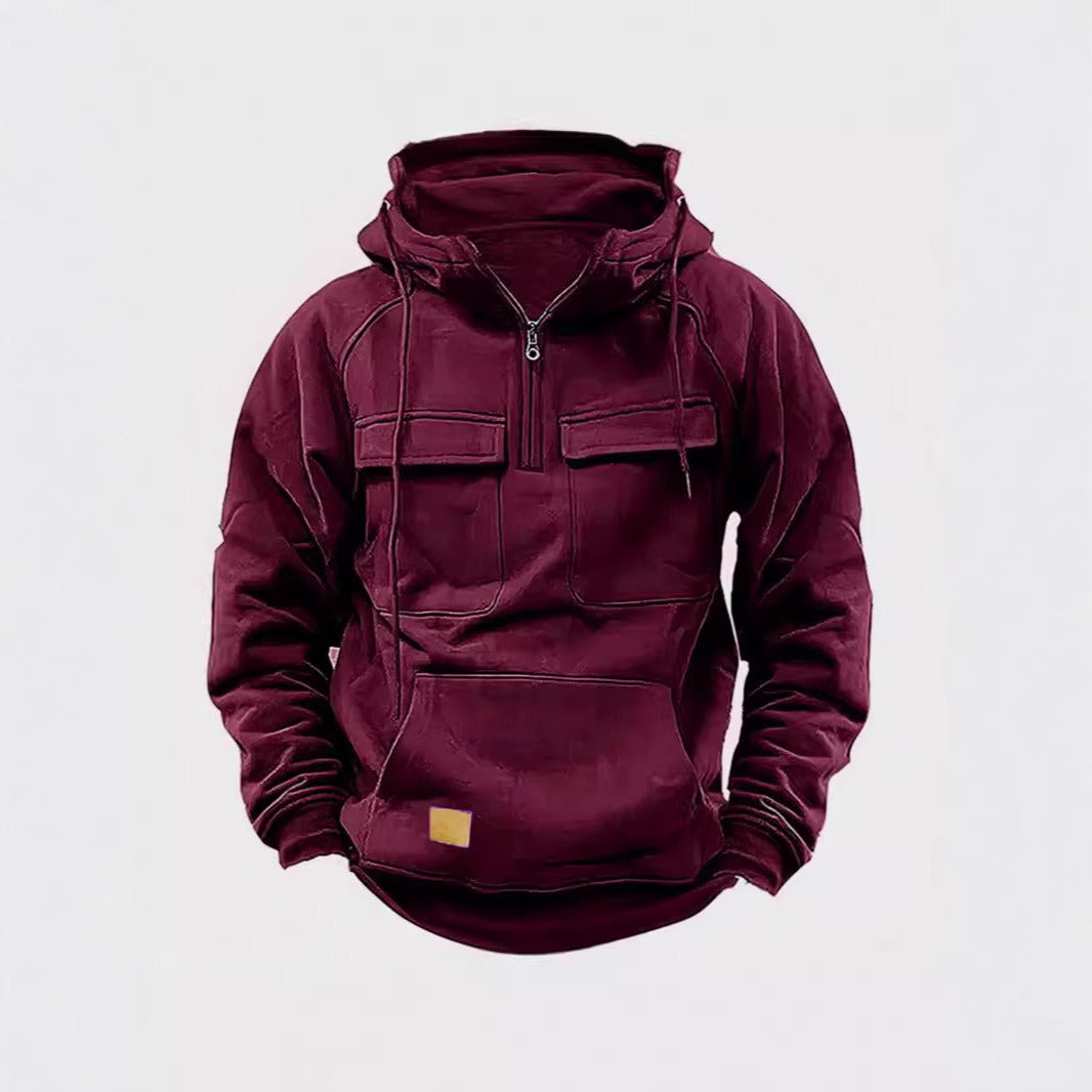 Men's Hoodie – Relaxed Fit – Half Zip – Chest Pockets – Soft Cotton Fleece