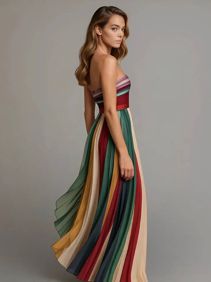 Strapless Maxi Dress with Structured Boning and Pleated Chiffon Skirt, Vertical Stripe