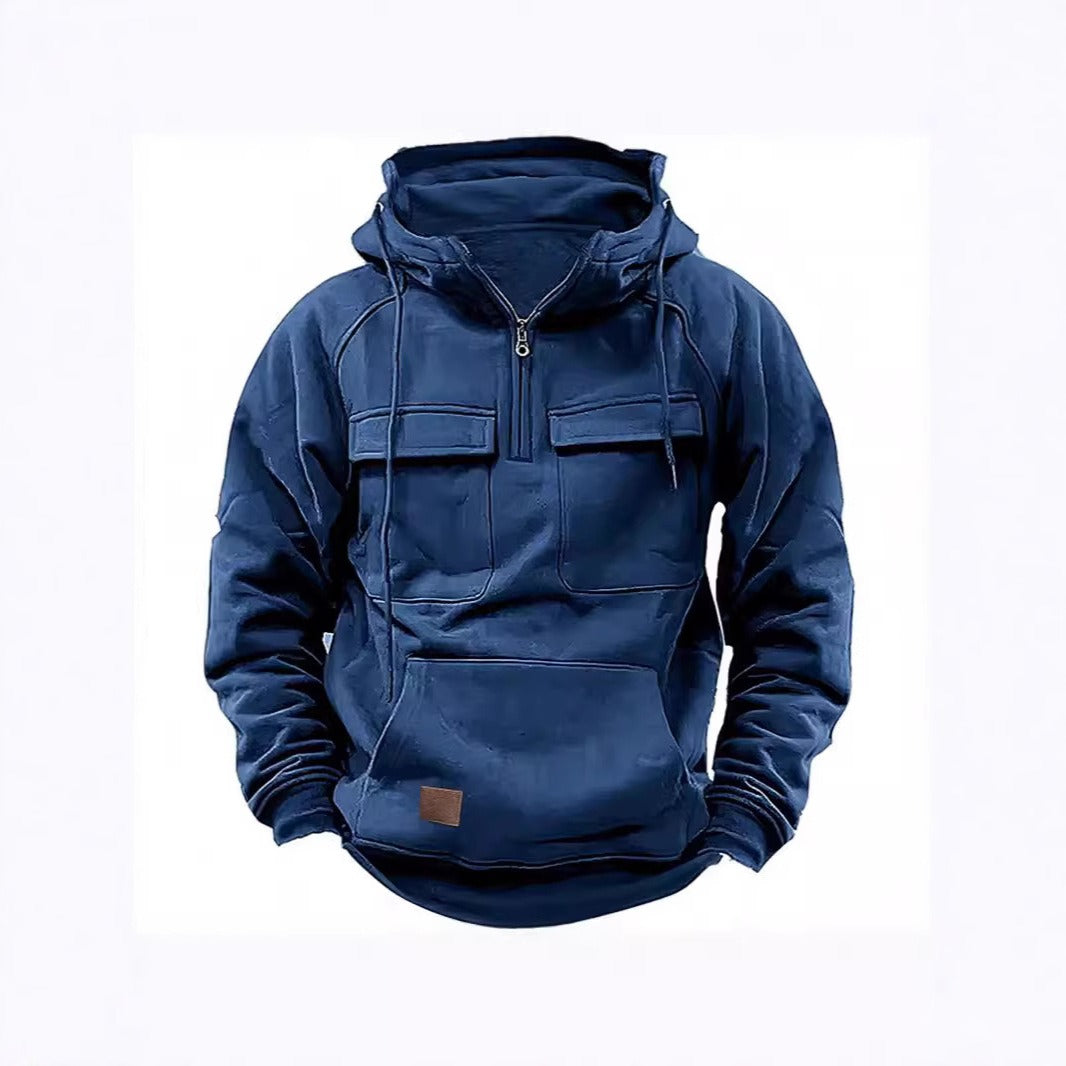 Men's Hoodie – Relaxed Fit – Half Zip – Chest Pockets – Soft Cotton Fleece