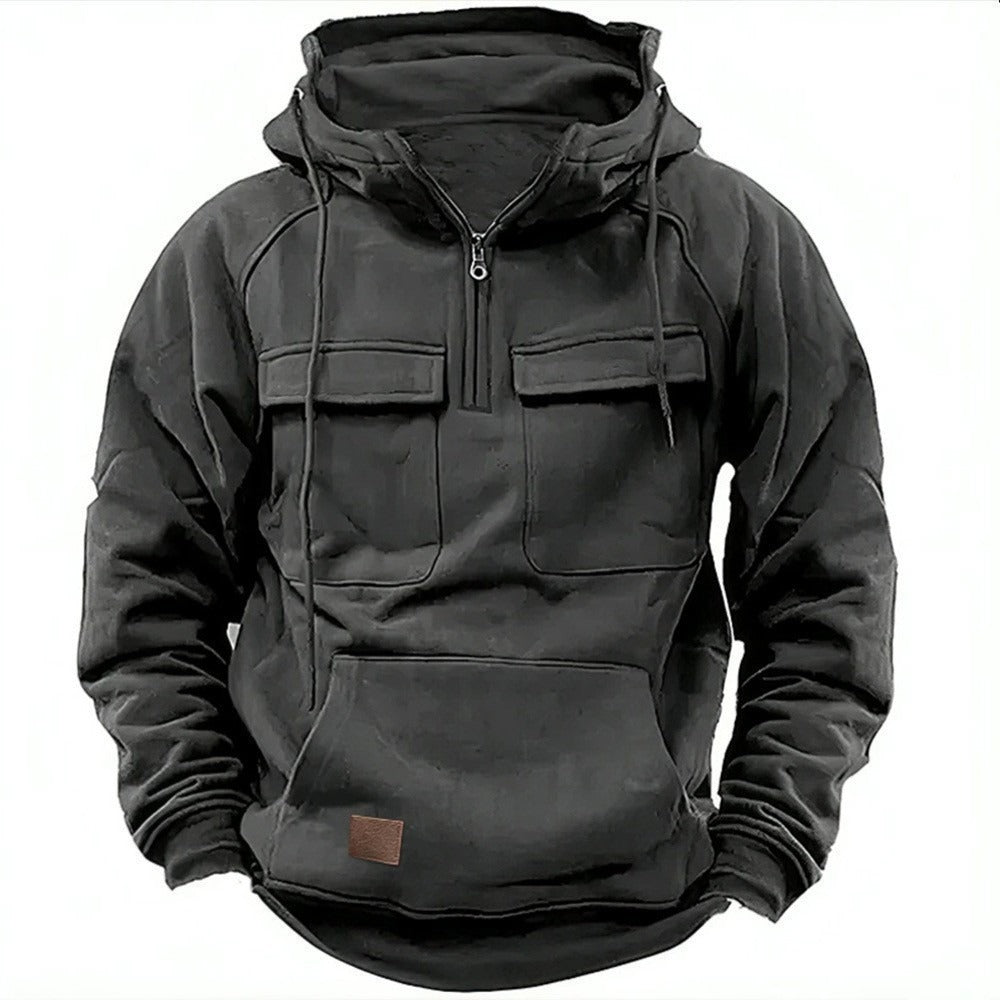 Men's Hoodie – Relaxed Fit – Half Zip – Chest Pockets – Soft Cotton Fleece