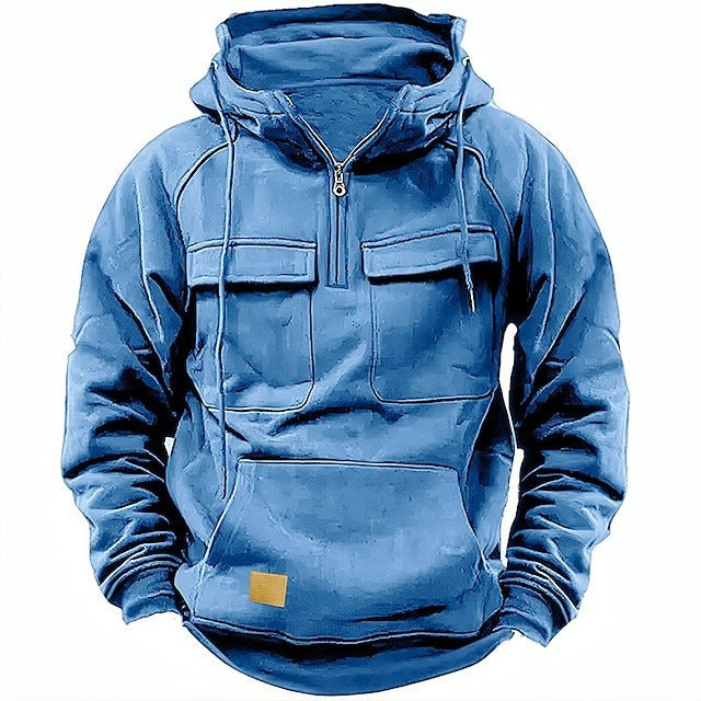 Men's Hoodie – Relaxed Fit – Half Zip – Chest Pockets – Soft Cotton Fleece