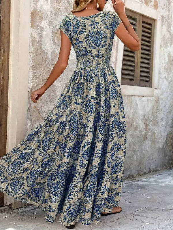 Boho Smocked V Neck Maxi Dress for Women, Short Sleeve Tiered All Over Print Sun Dress, Casual Holiday Vacation Wear