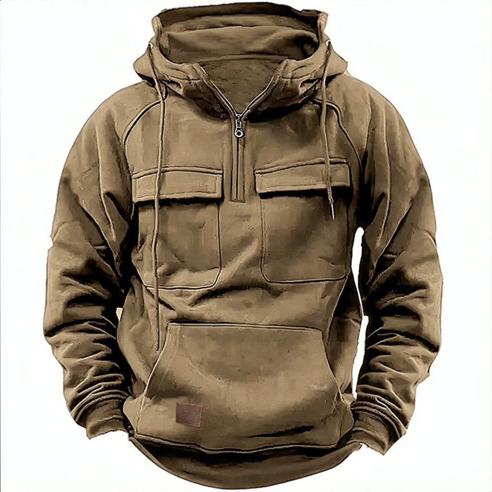 Men's Hoodie – Relaxed Fit – Half Zip – Chest Pockets – Soft Cotton Fleece
