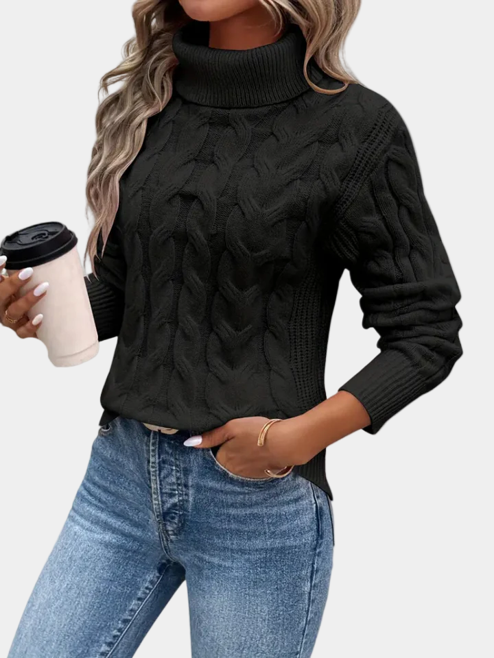 Women's Cable Knit Jumper with High Roll Neck