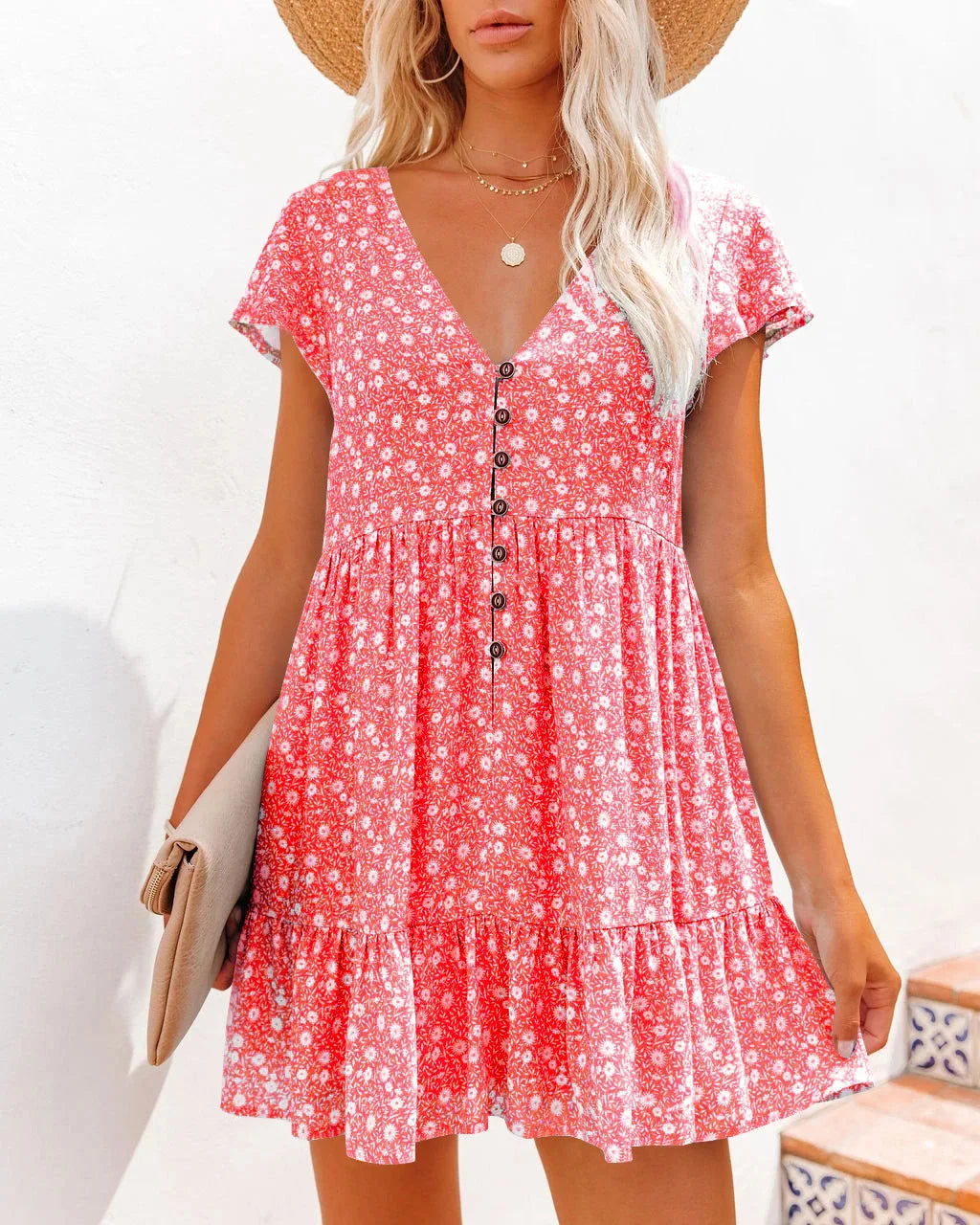 Isla - Women's Loose V-Neck Summer Dress with Buttons - photo 9
