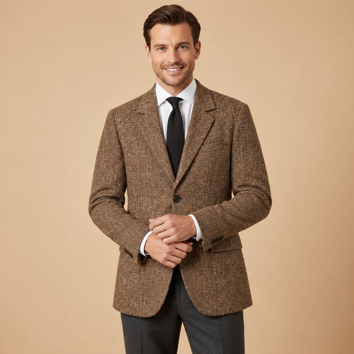 Man wearing the Jefferson tweed blazer in Brown
