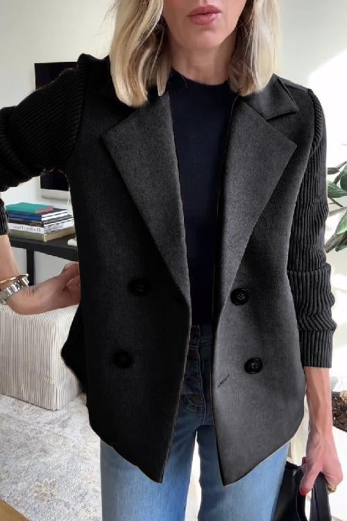 Women's Knitted Ribbed Blazer with a Button Front – Black