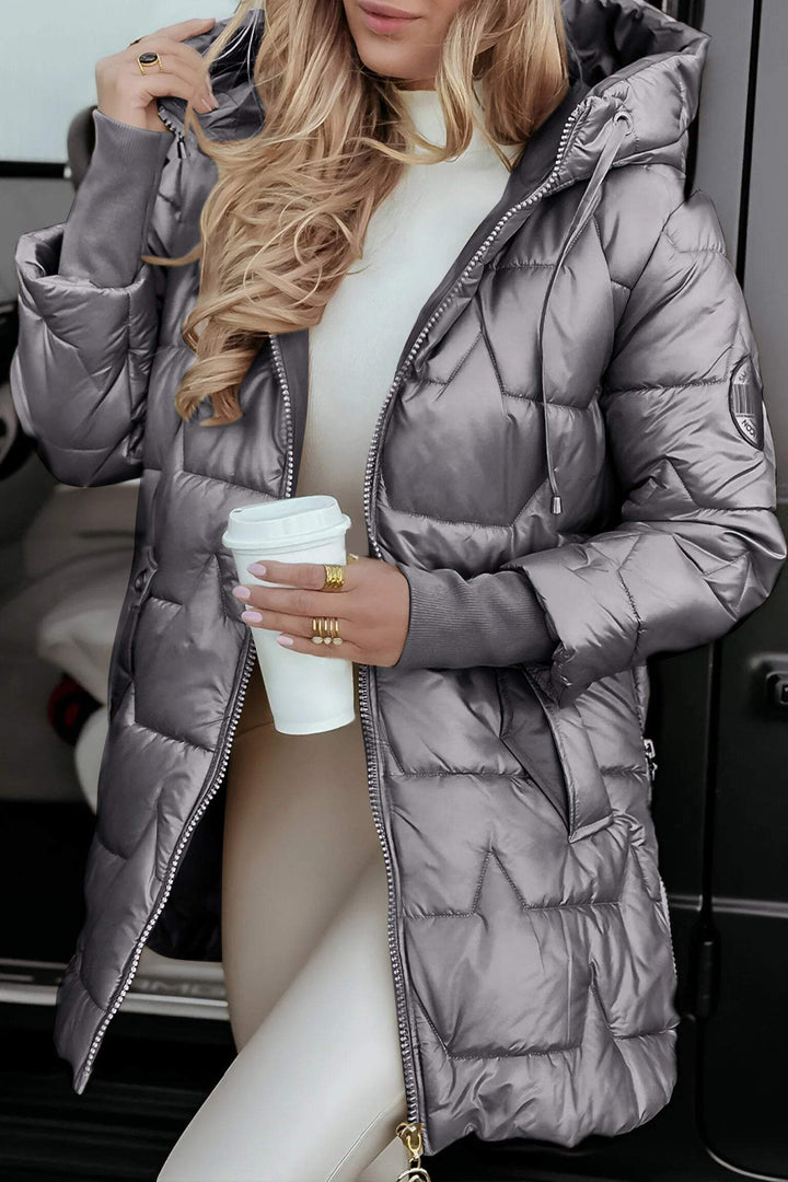Women's Hooded Quilted Coat with Pockets and a Zip – Grey