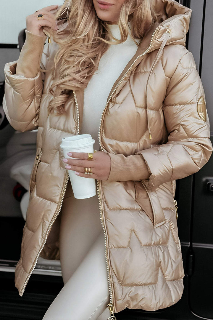 Women's Hooded Quilted Coat with Pockets and a Zip – Champagne