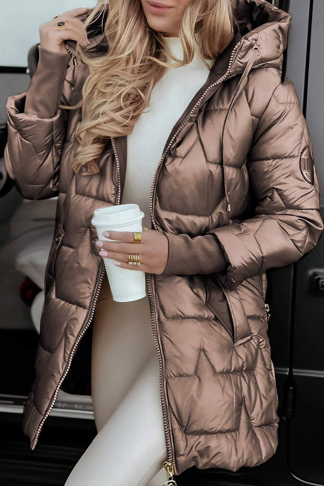 Women's Hooded Quilted Coat with Pockets and a Zip – Brown