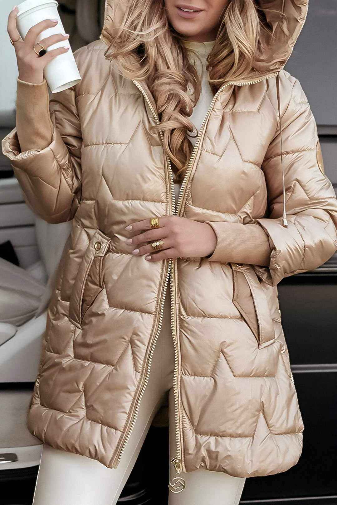 Women's Hooded Quilted Coat with Pockets and a Zip