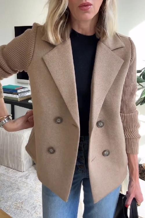 Women's Knitted Ribbed Blazer with a Button Front – Taupe