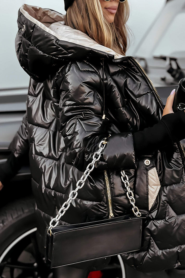 Women's Hooded Quilted Coat with Pockets and a Zip