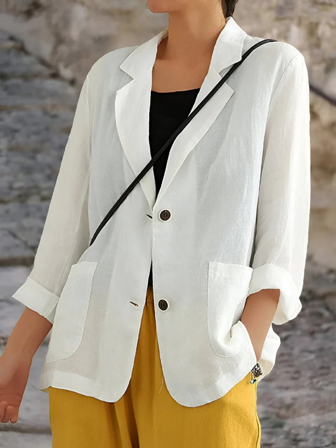 Patch Pocket Roll Sleeve Two Button Relaxed Fit Linen Blazer