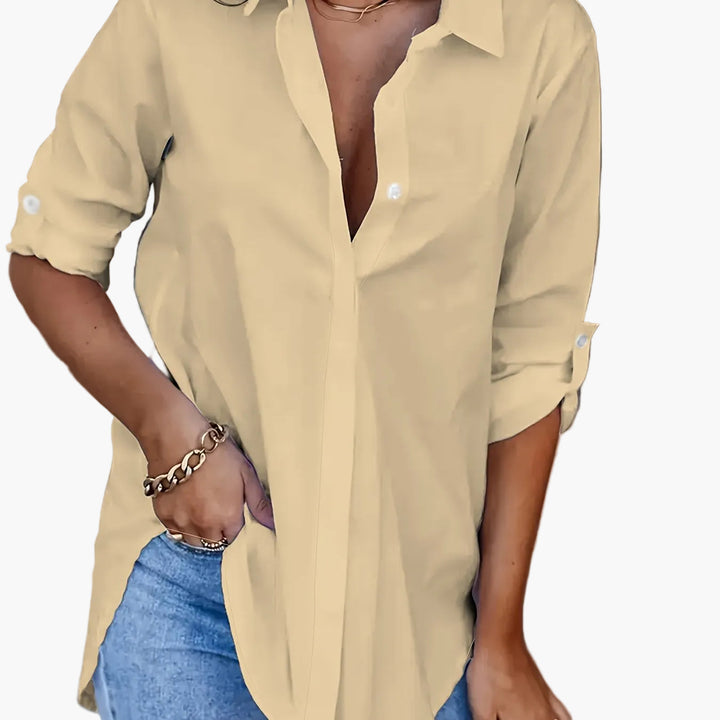 Kaja - Women's Shirt Blouse with Button Placket - Khaki