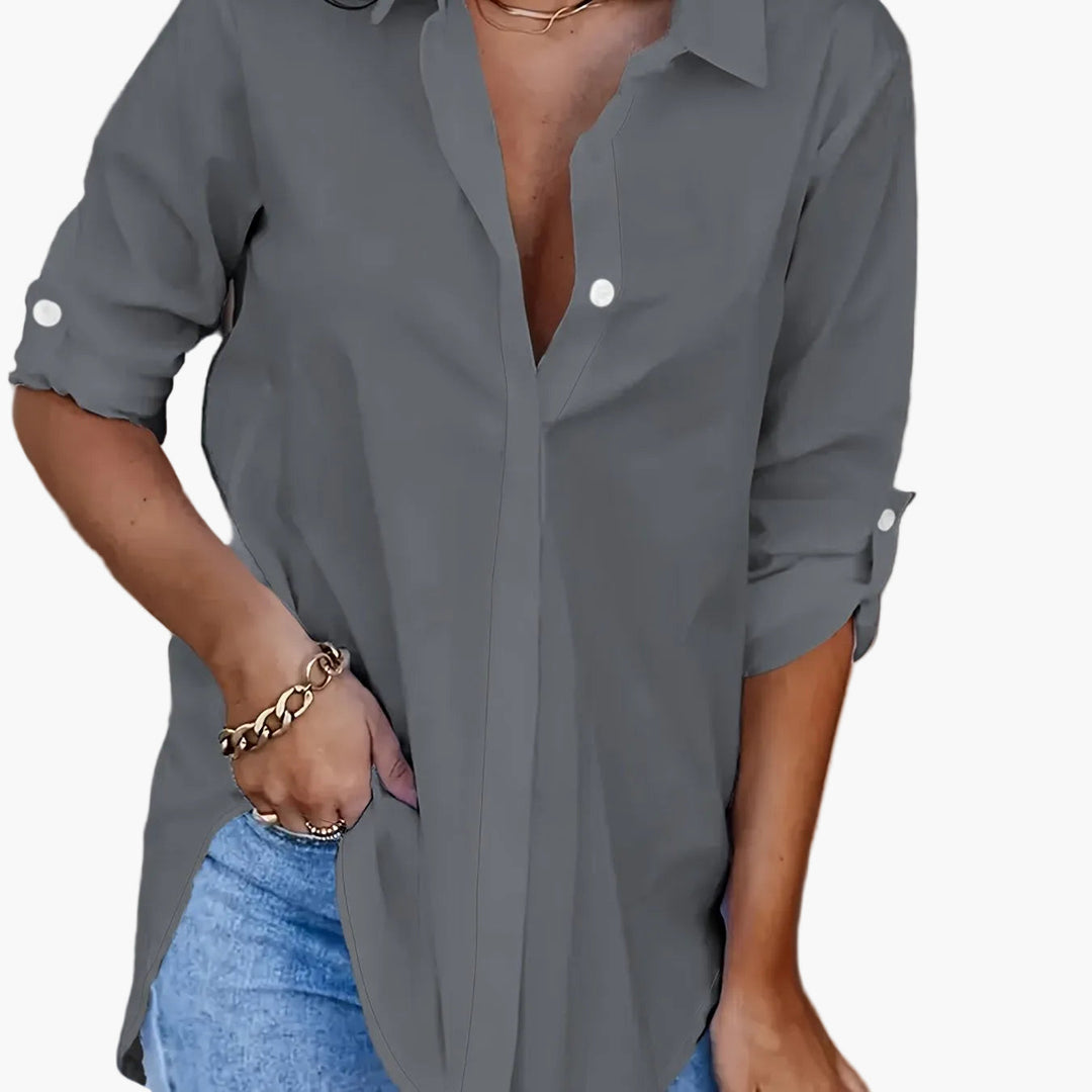 Kaja - Women's Shirt Blouse with Button Placket - Grey