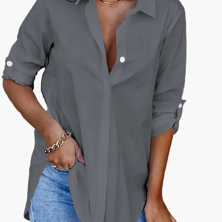 Kaja - Women's Shirt Blouse with Button Placket - Grey