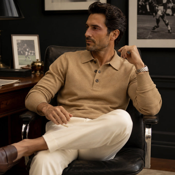 Men's Cashmere Knitted Polo Shirt with Button Front and Collar