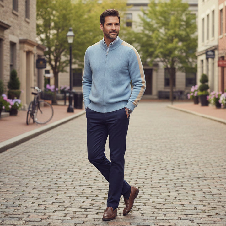 Men's Cashmere Jumper with Zip Front and Relaxed Fit