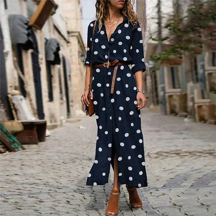 Women's Polka Dot Midi Dress with Button Front