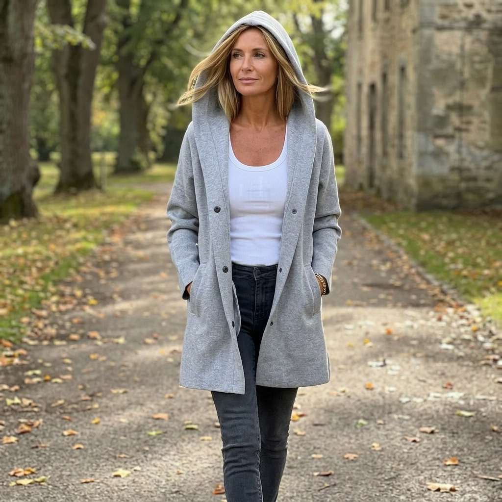 Women's Hooded Wool Coat with Pockets and a Button Front