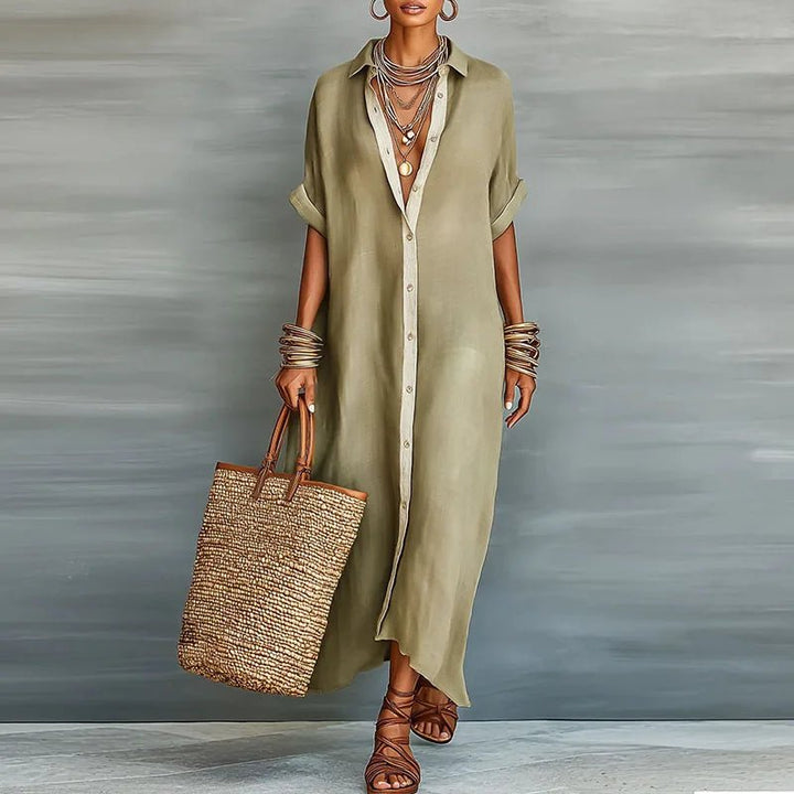 Luna | Linen Maxi Shirt Dress Button Down Short Sleeve Relaxed